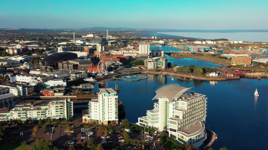 Aerial view of Cardiff Bay, the Capital of Wales, UK 2019 on a clear sky summer day Royalty-Free Stock Footage #1037500544