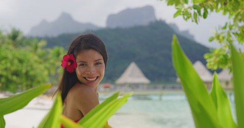 Asian natural beauty woman wellness spa skincare on tropical beach background.