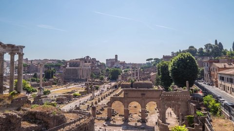 Aerial fly around over the ruins of Domus Flavia Flavian Palace and the Palatine Hill. Rome.