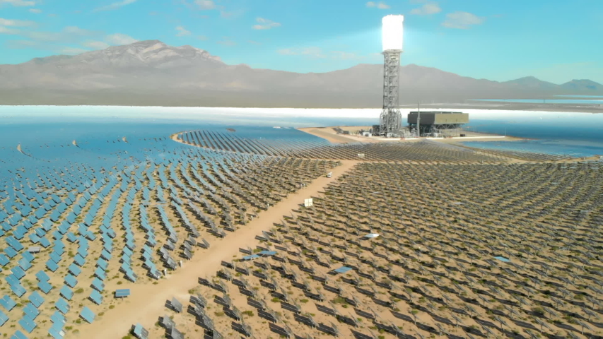 Aerial of Solar Electric Generators in Desert Royalty-Free Stock Footage #1037520902