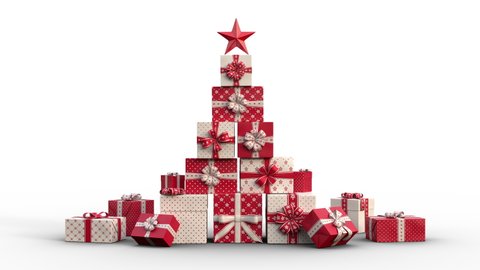 Zoom out of Christmas gift boxes popping up and forming a stack of presents in an abstract christmas tree shape with star on top. Red version. Animated Christmas Greeting Card. White background.