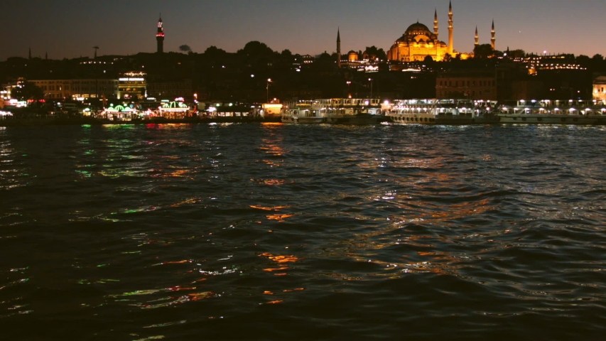 Night view of the Bosphorus Strait near the Galata Tower in Istanbul. Turkey.