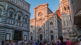 Florence: Tourists in in front of Cathedral of Saint Mary of the Flower Cattedrale di Santa Maria del Fiore . Is the Cathedral of Florence, Italy. 4K UHD Video.