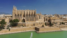 Aerial drone video footage Famous Cathedral La Seu in Palma de Mallorca Spain