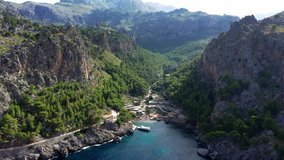 Aerial drone video footage of Port de Sa Calobra bay, Mallorca