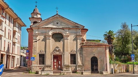 BASSANO DEL GRAPPA, ITALY - APRIL 19 2018: Church of the Beata Vergine del Caravaggio on Vicolo Teatro Vecchio, Vicenza province of region of Veneto, in northern Italy.