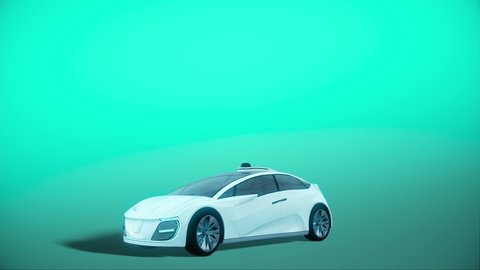 Electric self driving car connecting to solar charging station. Isolated blue background.