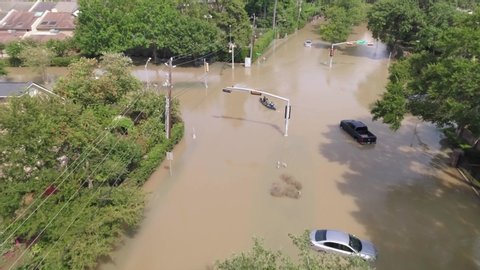 Drone view of flooded neighborhood after Hurricane Harvey