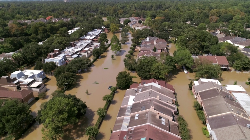 Drone view of flooded neighborhood in Houston aft er Hurricane Harvey