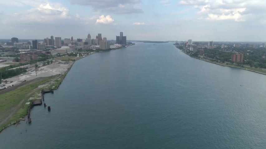 Aerial view of the Ambassador Bridge that connects Detroit to Canada by way of the Detroit river. 