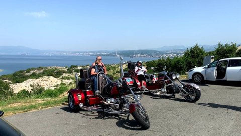 Krk / Croatia - 06 24 2019: Bikers take a break with their trike motorcycles in krk croatia