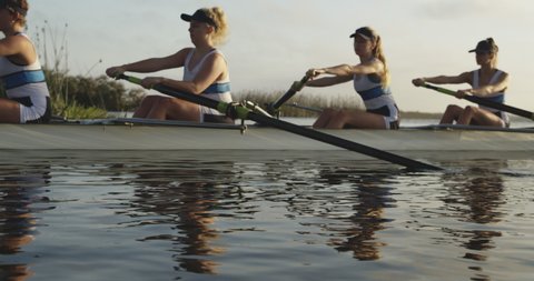 Side view of a team of four young adult Caucasian women rowing in a racing shell on a river
