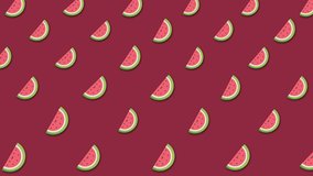 Light cartoon watermelon's background with lots of small rotating watermelons icons. Animation. Beautiful cartoon animation, abstract graphics in trendy colors and style.