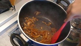Onions, garlic, wine and soy sauce sizzling in a pot, mixing with a red spoon, full HD, 24 fps