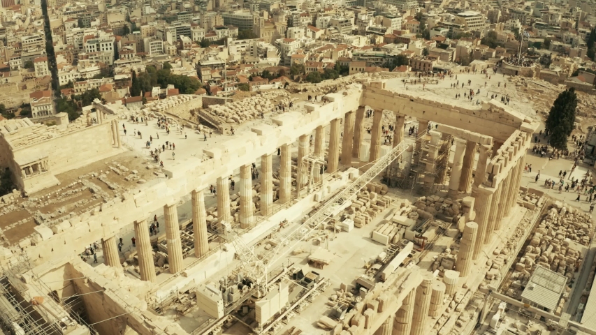 Aerial view of the Parthenon temple restoration and Acropolis in Athens, Greece
