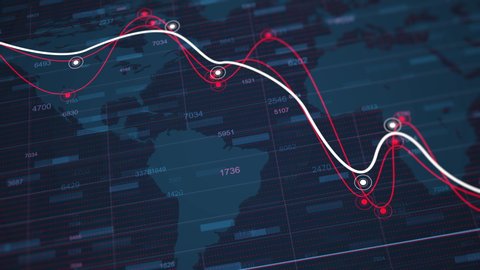 4K Business animation of a falling chart of a currency rate and economics decrease. Infographics with world statistics global data showing loss or global decline. Analytical finance motion background