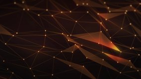 Bright golden waving polygonal structure zooming out. Lines and glowing dots are connected into triangles. Chaotic motion. Depth of field effect. Abstract geometric low poly backdrop in 4K resolution 
