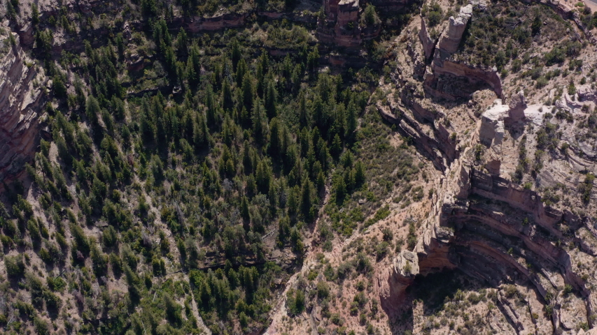 Aerial top view of the Grand Canyon layered rock formations, Arizona