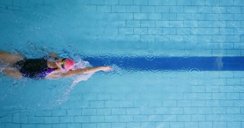 Overhead view of a young female swimmer training in a swimming pool, backstroke