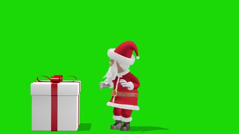 Santa Claus Pushing Gift. Merry Christmas and Happy New Year 2022 animation. Santa Claus with a Christmas gift near the Christmas tree. With alpha channel.
