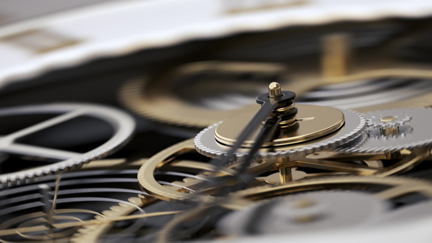 Macro Shot Clock Face and Internal Working Mechanism with Rapidly Rotating Arrow and Gears. Metaphor Time is Money or Life is Fleeting. 4k Realistic Animated Watch Close-up View with Depth of Field | Shutterstock HD Video #1037600636