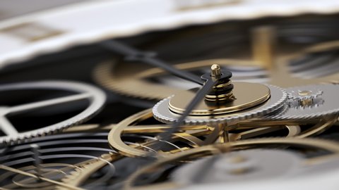 Macro Shot Clock Face and Internal Working Mechanism with Rapidly Rotating Arrow and Gears. Metaphor Time is Money or Life is Fleeting. 4k Realistic Animated Watch Close-up View with Depth of Field