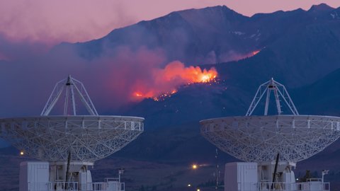 Time Lapse Wildfire Owens Valley Desert Mountains, California Radar Dish Observatory,  Independence, Big Pine, Lone Pine 4k 4444 colour space
