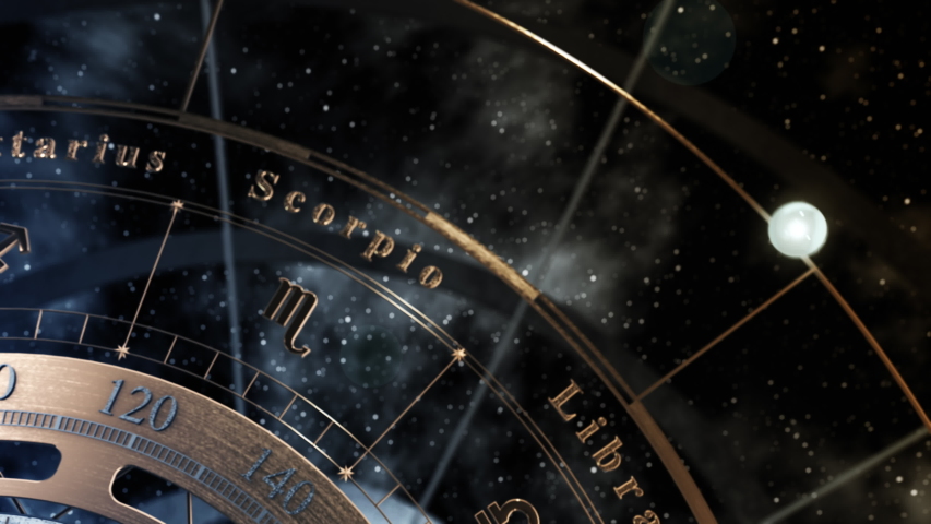 Armillary Sphere And Zodiac Astrology Signs On Background Of Starry Sky. 4K. 3D Animation. Ultra High Definition. 3840x2160. | Shutterstock HD Video #1037611640