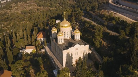 Gorny russian orthodox monastery in Jerusalem, Israel, Ein Kerem. 4k aerial drone 