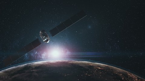 Modern space probe satellite with solar panels over planet Earth with halo lit by starlight. 3d render animation. Science and technology concept. 4K. Elements of this media furnished by NASA