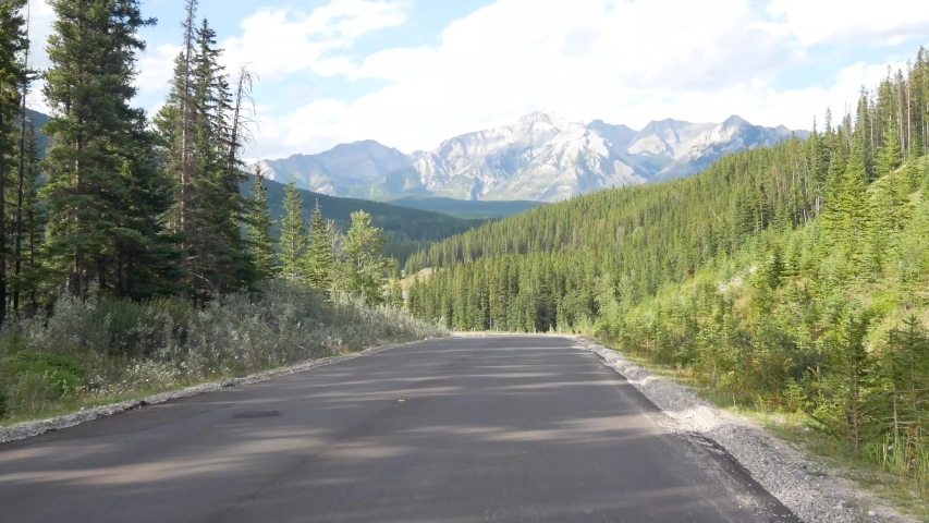 Beautiful landscape view of the local road among the natural beautiful national park in Banff,Canada with rockie mountain and pine tree forest in the background in summer daytime