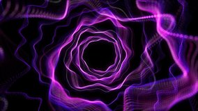 4K Abstract modern neon lines tunnel. Violet dots technology construction. Camera rotates and moves forward towards. Dynamic motion background.