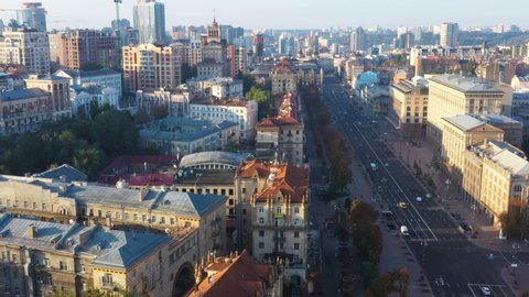 6.09.2019 Kyiv Ukraine. Aerial Kyiv Ukraine (Kiev) Maidan Nezalezhnosti and  Khreshchatyk Street. Famous travel destination Eastern Europe country. Video 4k footage