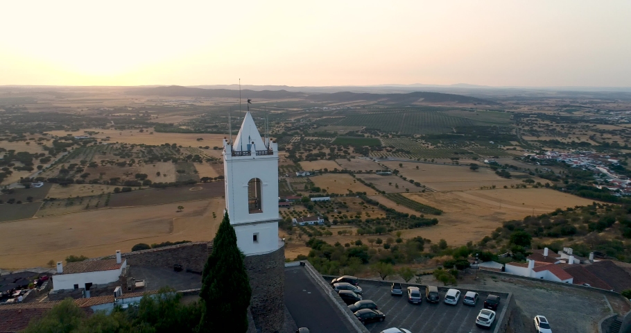 Aerial view of the beutiful historical village of Monsaraz, in Alentejo, Portugal; Concept for travel in Portugal 