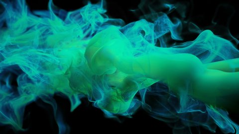 cyan turquoise color paint ink drops in water slow motion art background with copy space. Inky cloud swirling flowing underwater. Abstract smoke fluid liquid animation isolated on black alpha matte