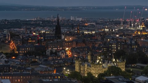 Aerial View of Edinburgh UK at night, Old Town,  Scotland, United Kingdom 