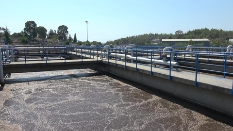 Fethiye, Turkey - 2nd of September 2019: 4K Visit to the Fethiye Sewage plant - Aeration facilities at the waste water reclamation plant
