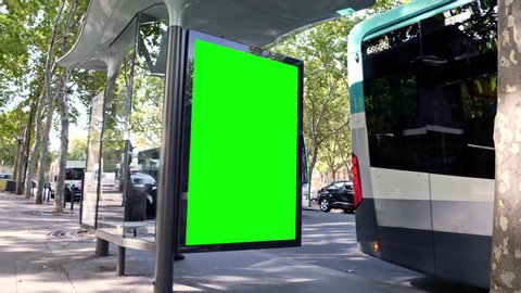 Green screen bus stop advertising, billboard ad, buses passing by