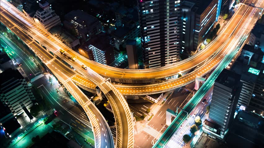 Multi-hour aerial view time-lapse of a massive highway intersection at night in Shinjuku, Tokyo, Japan. | Shutterstock HD Video #10376627
