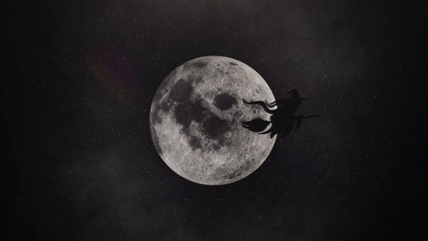 Creepy Halloween greeting card in the dark night sky with a wicked witch flying in front of the full moon on her broom