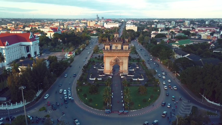 Drone footage of Patuxai Victory Monument Architectural Landmark of Vientiane, Laos. Royalty-Free Stock Footage #1037663270