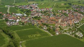 Aerial view of the village Burkheim am Kaiserstuhl in Germany on a sunny day in summer. Wide view with pan to the right.