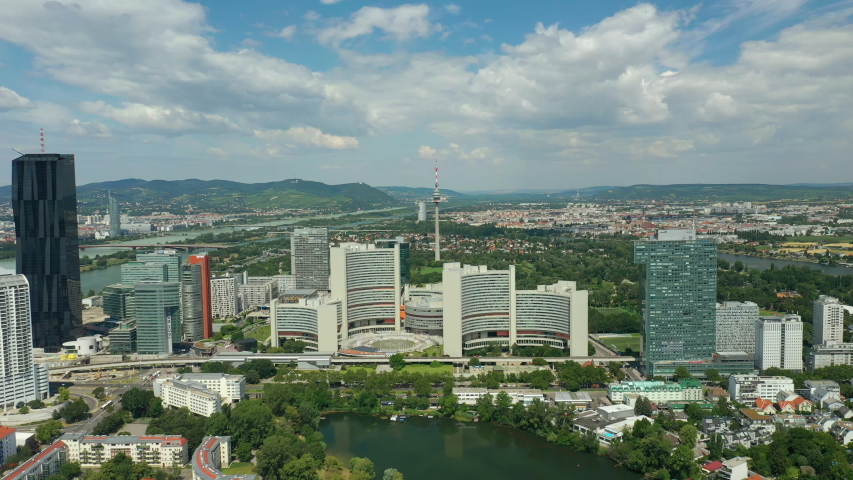 vienna city modern downtown sunny day park lake aerial panorama 4k austria