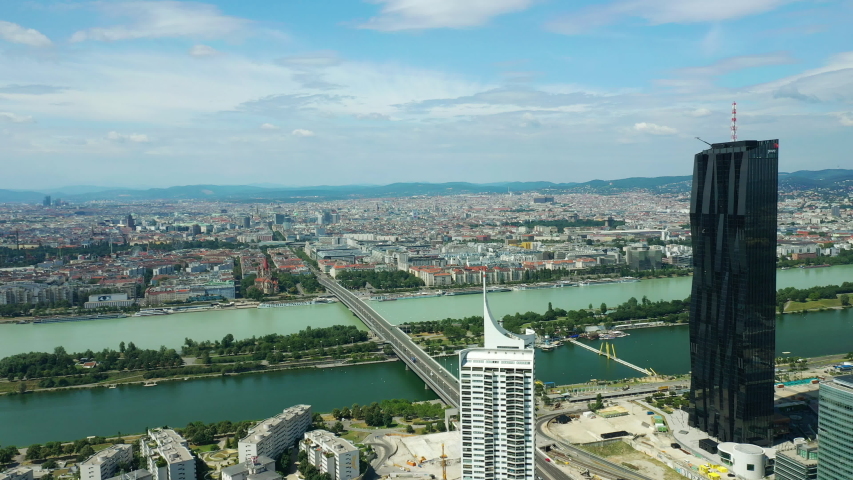 vienna city modern riverside downtown sunny day aerial panorama 4k austria