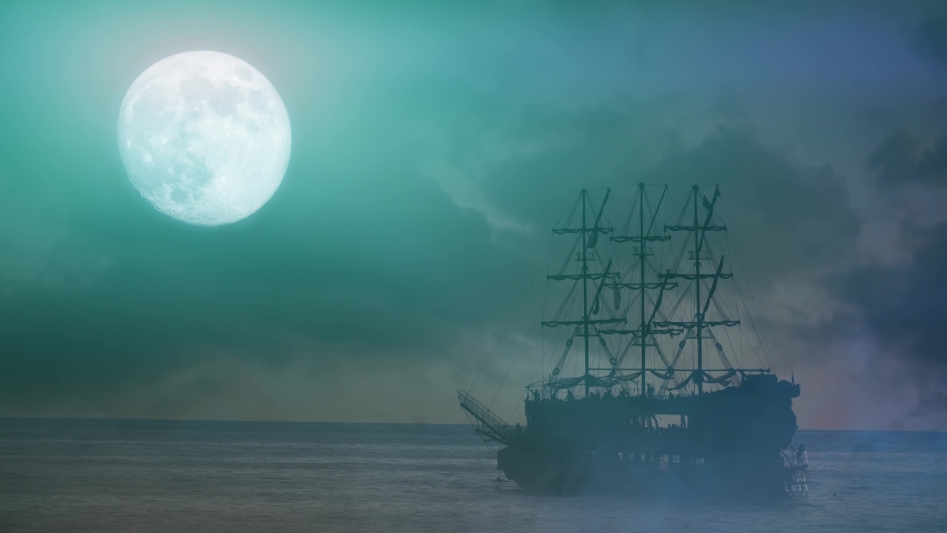 Old Pirate Ship Sailing, Night Stock Footage Video (100% Royalty-free