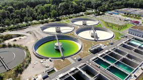 Drone video of modern sewage treatment plant, aerial view
