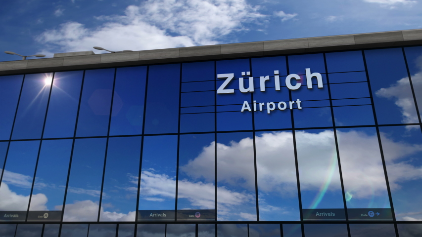 Jet aircraft landing at Zurich (Zürich) Switzerland 3D rendering animation. Arrival in the city with the glass airport terminal and reflection of the plane. Travel, business, tourism and transport.