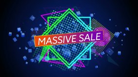 Animation of the words Massive Sale in white letters on a orange to purple banner with shapes appearing on a dark blue background with floating blue cubes - Powered by Shutterstock - Get 15% off with code: PIKWIZARD15