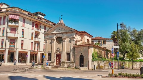 BASSANO DEL GRAPPA, ITALY - APRIL 19 2018: Church of the Beata Vergine del Caravaggio on Vicolo Teatro Vecchio, Vicenza province of region of Veneto, in northern Italy.
