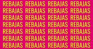 Sales animation with scrolling text, spanish text « rebajas » pink and yellow
